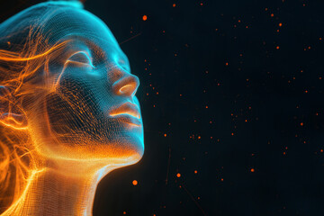 Portrait of a digital woman in glowing wireframe style