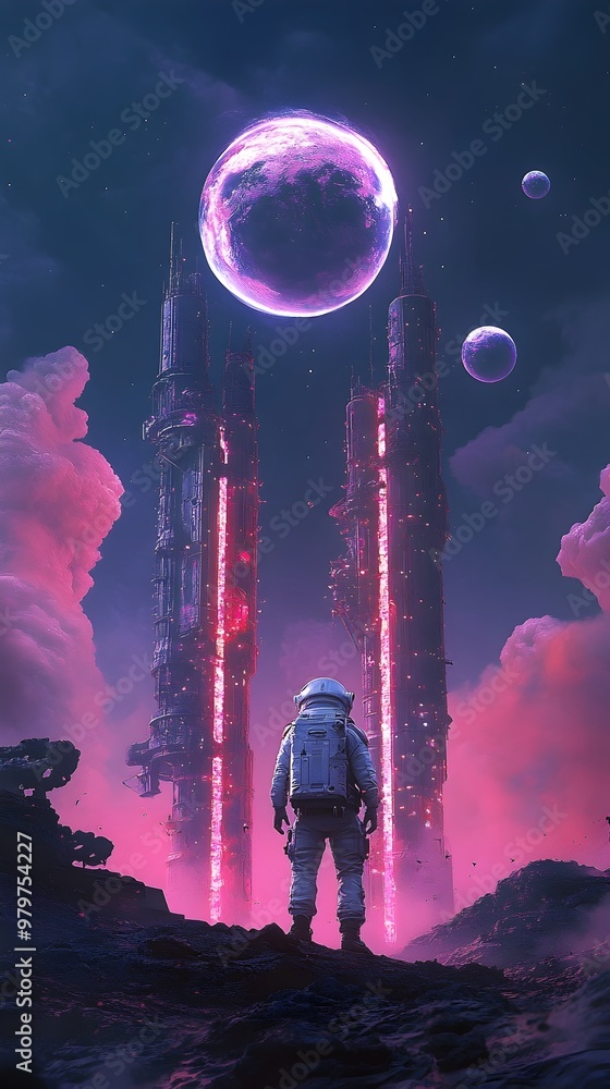 Poster astronaut exploring alien landscape with towering futuristic structures in dreamlike vibrant scenery