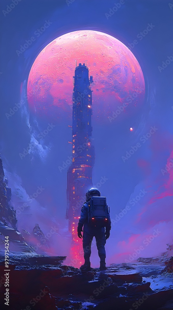 Poster Astronaut Exploring Glowing Alien Landscape with Towering Structures