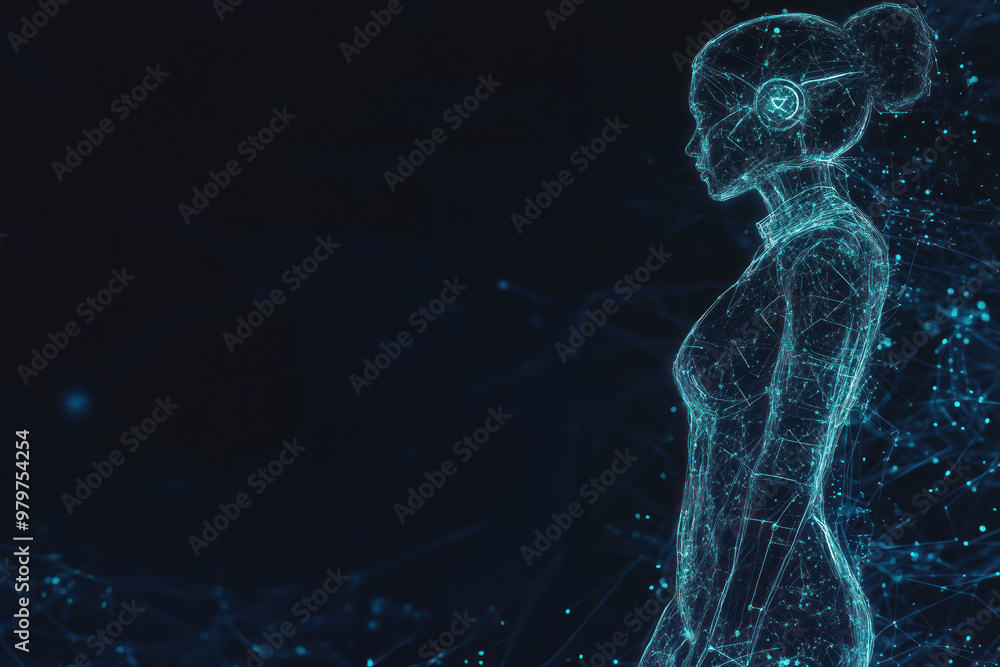 Poster digital wireframe silhouette with blue nodes and circuits.