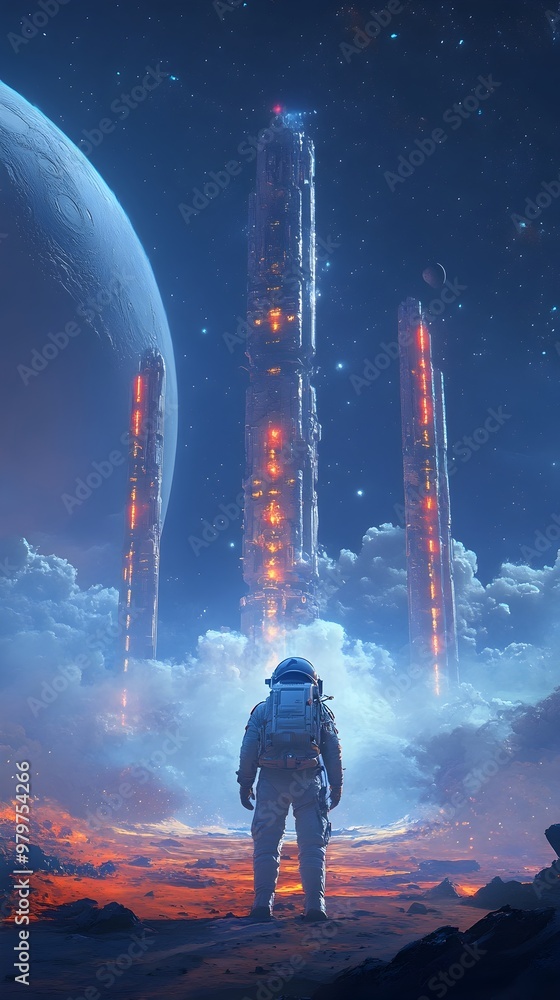 Poster Astronaut Exploring Glowing Alien Planet with Towering Futuristic Structures