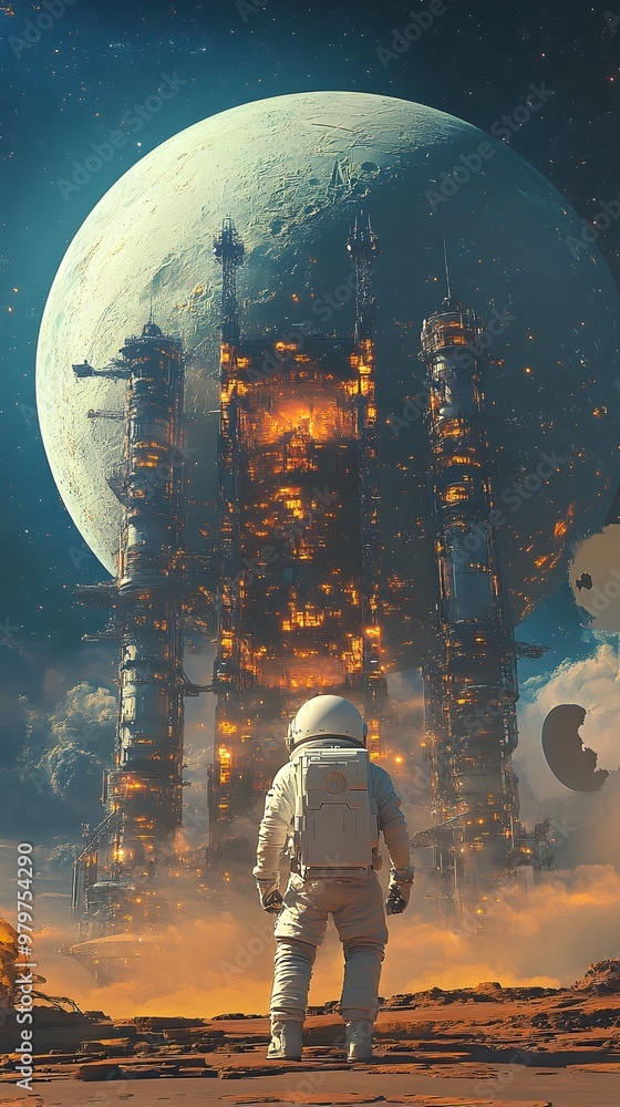 Poster Astronaut Exploring Vibrant Alien Landscape with Towering Structures