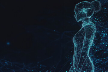 Digital wireframe silhouette with blue nodes and circuits.