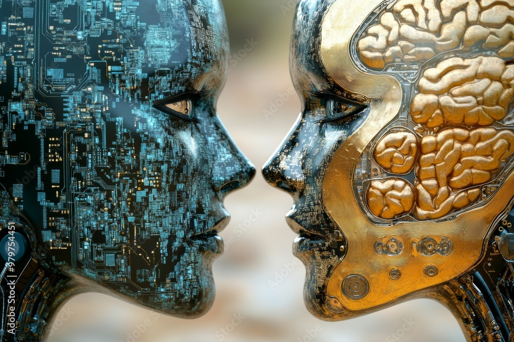Poster two faces reflected in each other’s circuits symbolizing artificial intelligence neural networking a