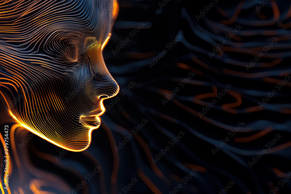 Poster abstract face profile highlighted with neon lines
