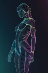 Abstract neon figure of a woman against dark backdrop