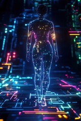 Digital human figure walking in glowing neon cityscape