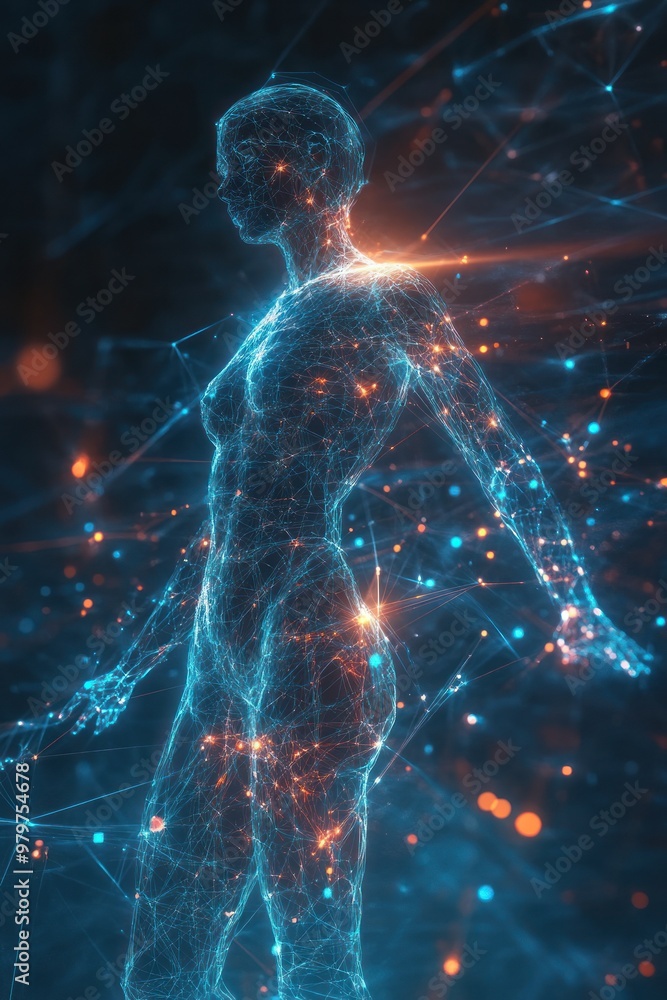 Poster human figure glowing with network and data lines.