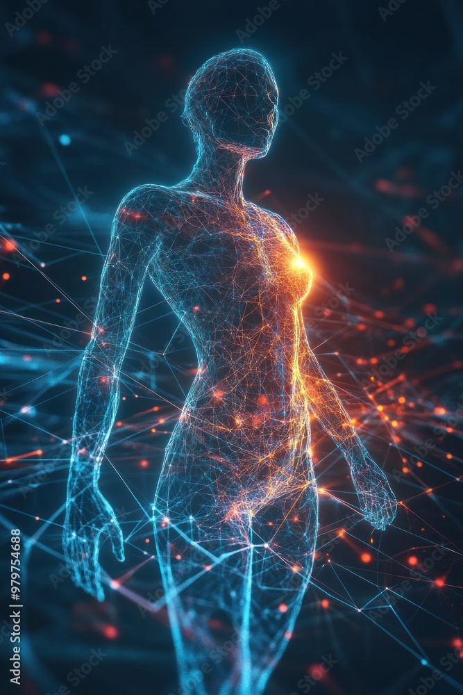 Poster digital human form with glowing nodes and lines.