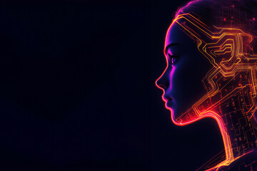 Cybernetic face in neon light with circuitry lines
