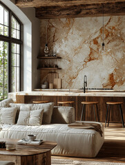 Cozy living room with a plush white sofa and a view of a kitchen with marble backsplash.