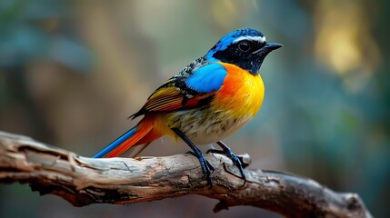 Obraz premium A vibrant bird poised with orange blue and yellow feathers on the sit branch