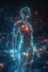 Technological human figure with a network of light nodes