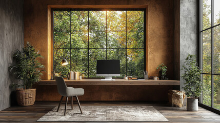 A modern home office with a large window overlooking a lush green forest.