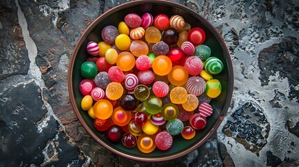 A vibrant collection of candies in a pretty bowl set on a stone floor and flavour very good