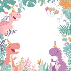 A playful dinosaur-themed background for invitations, featuring colorful dinosaurs, greenery, and a central blank area for text.

