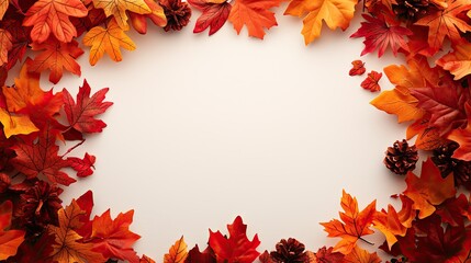 Obraz premium A beautiful autumn frame featuring vibrant orange and red leaves with pinecones, perfect for seasonal design projects.