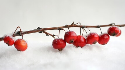 Branch with red berries and first snow. Winter background. Frozen berries covered with snow.