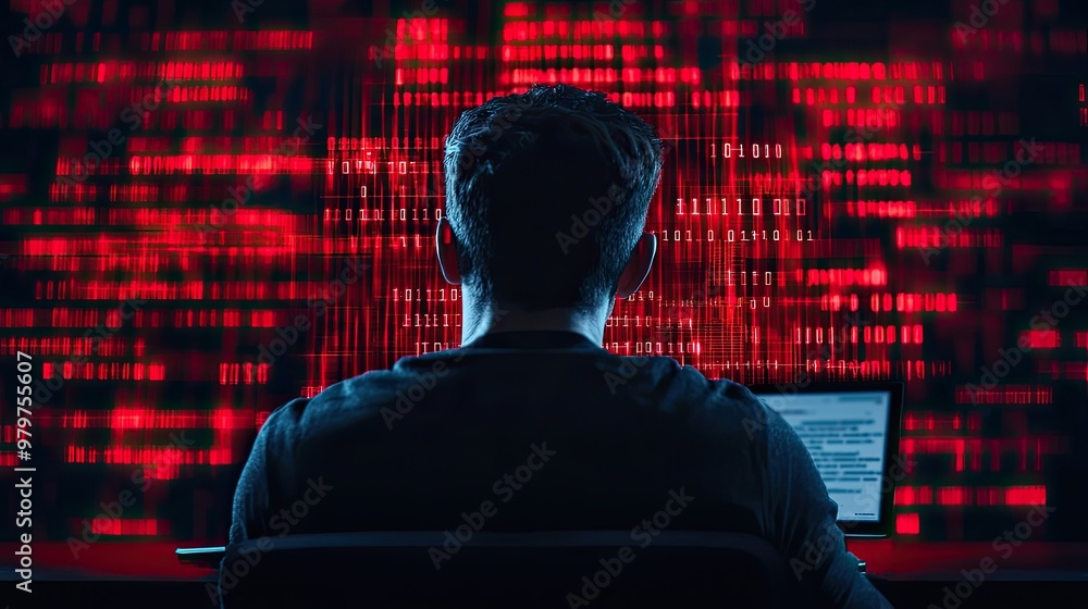 Poster a focused individual working on a computer, surrounded by a vibrant red digital backdrop, representi