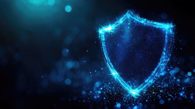 A glowing blue shield symbolizing protection and security, set against a dark, mystical background filled with particles.