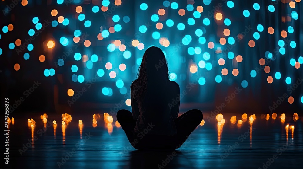 Poster a person sitting peacefully in front of vibrant lights, creating a serene atmosphere filled with col