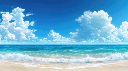 Fototapeta premium A serene beach scene with vibrant blue ocean waves and fluffy clouds under a clear sky, perfect for summer visuals and relaxation.