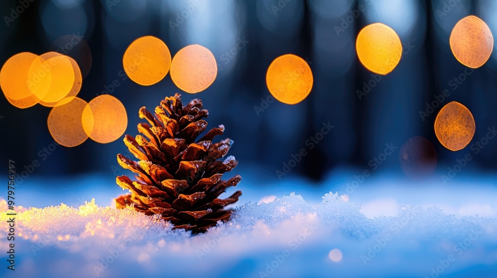 Aufkleber a serene pine cone resting on a snowy ground, illuminated by warm bokeh lights creating a magical wi
