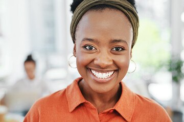 Business, happy and black woman with portrait in office for career confidence and pride for NGO...