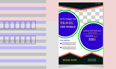 This travel flyer design uses the colors scarcely and bulo. It's a great design for travel and tourism.