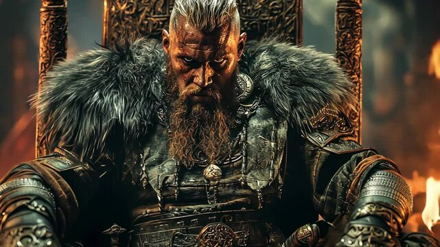 A powerful king Viking barbarian warrior in striking armor sits on an ornate throne, surrounded by a fiery backdrop in a medieval setting