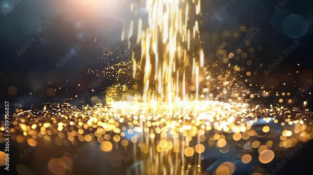 Poster a shimmering display of light particles and reflections against a dark, blurred background, creating