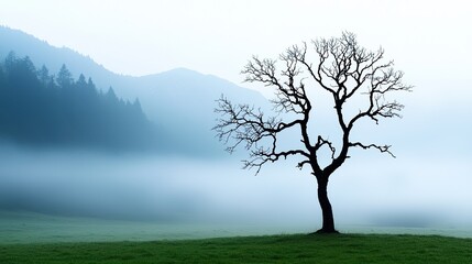 Obraz premium A solitary tree stands in a misty landscape, surrounded by mountains, capturing the essence of tranquility and solitude in nature.