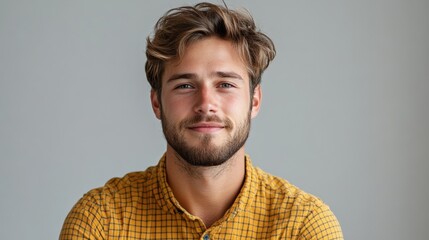 Obraz premium Portrait of a kind young Caucasian man wearing a yellow checkered shirt, isolated on a simple light background with copy space. portrait of a satisfied young man.