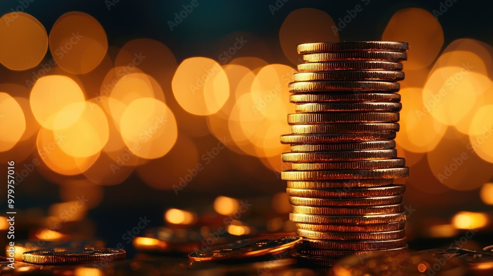 Poster a stack of shiny coins illuminated by soft bokeh lights, symbolizing wealth and prosperity in a capt