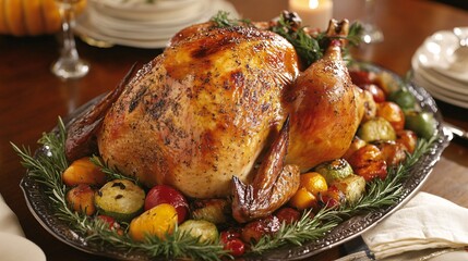 Succulent Roasted Turkey with Fall Vegetables on Serving Platter | Thanksgiving Feast Concept