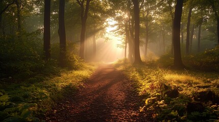 Sunlit Autumn Forest Path in the Morning with Mist and Fog
