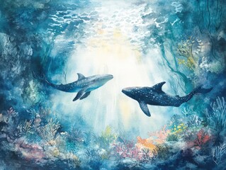 Obraz premium Two whales swimming through underwater coral reef.