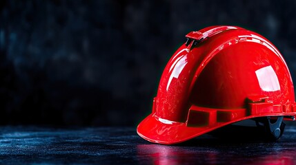 A vibrant red construction helmet resting on a dark surface, symbolizing safety and protection in the workplace.
