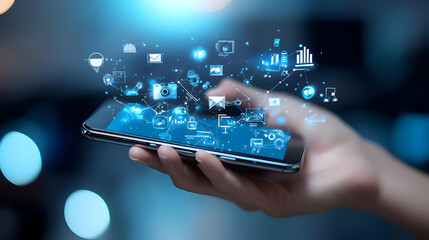 Fototapeta premium A Hand Holding a Smartphone with Digital Icons Emerging and Connecting, Representing the Concept of Digital Connectivity