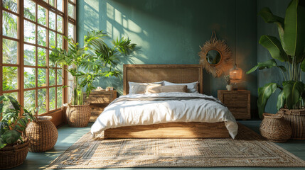 A tropical bedroom with a large bed and a lush green wall.