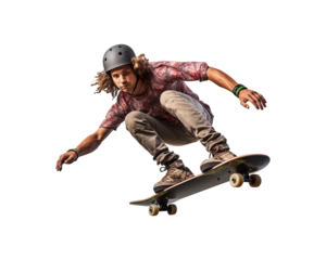 Man in jeans, cap, and red shirt skateboarding, perfect for skateboarding events, urban lifestyle blogs, and sports themed designs. Generative AI