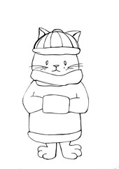 cat in a hat and winter clothes. coloring book for children