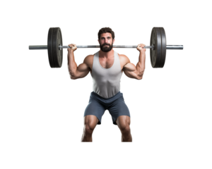 A muscular man lifts a barbell on a white background with a strong physique. Suitable for fitness, gym, health, and strength training concepts. Generative AI