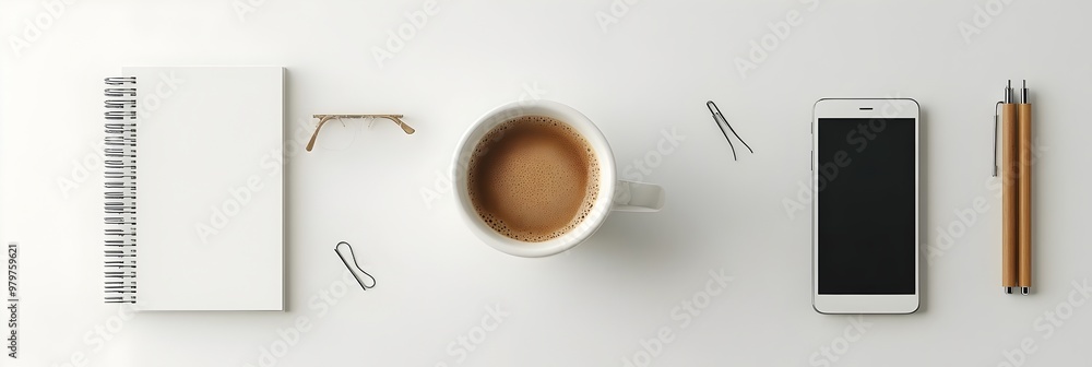 Poster cozy workspace flat lay with laptop coffee and notes for business and tech