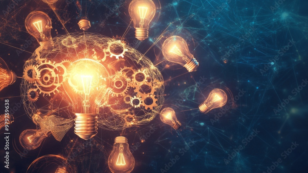Poster An abstract representation of a brain with interconnected gears and light bulbs, visually illustrating the complexity and flow of innovative ideas.