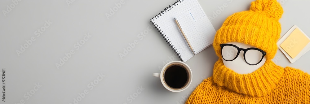 Poster cozy workspace flat lay with laptop coffee and notes for productive business or tech work