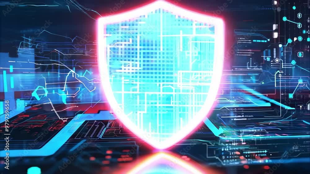 Aufkleber a glowing shield graphic representing digital security, with a futuristic background of circuits and