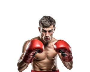 Muscular man in red boxing gloves and shorts, suitable for fitness, sports, health websites, posters, or social media content. Generative AI
