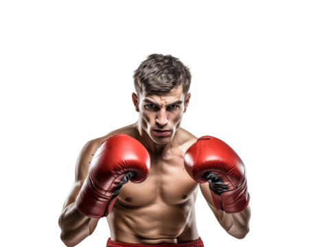 Muscular man in red boxing gloves and shorts, suitable for fitness, sports, health websites, posters, or social media content. Generative AI - Powered by Adobe