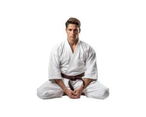 Man in karate uniform and brown belt in fighting stance. Perfect for martial arts, self defense, and fitness-themed designs. Generative AI